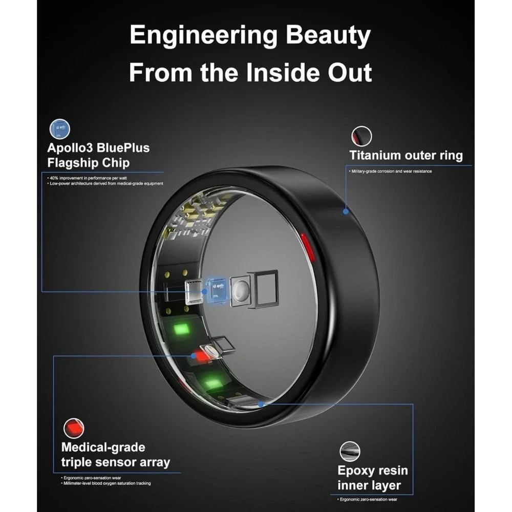 J-RING Smart Ring Women Men Size 10 Fitness Tracker SpO2 Titanium Waterproof NEW